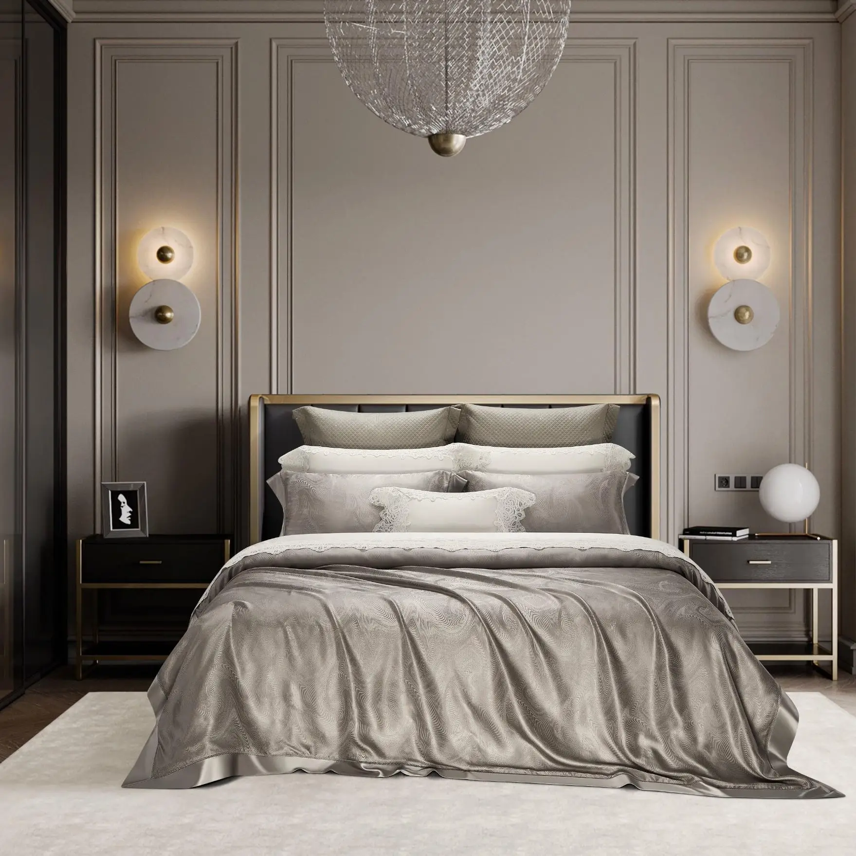 

Top Luxury 4 Pieces Home Textile Grey Jacquard 100% Mulberry Silk Duvet Quilt Comforter Cover Bed Sheet King ODM/OEM Bedding Set