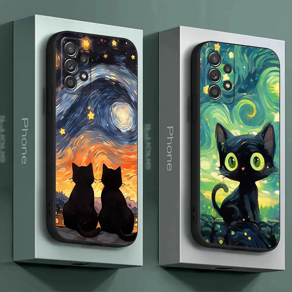 Cat Van Gogh Starry Sky For Samsung Galaxy A55 Case A54 A52S A53 5G A51 A34 A35 A33 A32 A50 A72 A71 A30 A7 2018 Cases Soft Cover