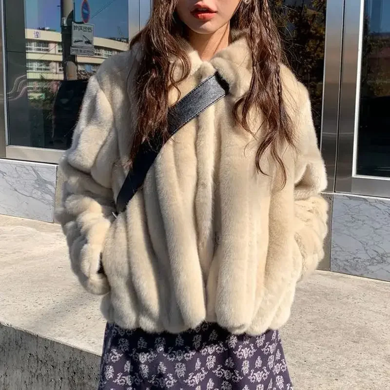 Women's Rabbit Fur Coat 2022 Winter Warm White Comfortable Faux Fur Jacket Long Sleeve Oversize Artificial Fur Overcoat Female