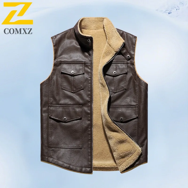 

2025 New Winter Shearling Leather Vest Men Fashion Windproof Warm Sleeveless Vests Casual Streetwear Coat For Cold Weather Gilet