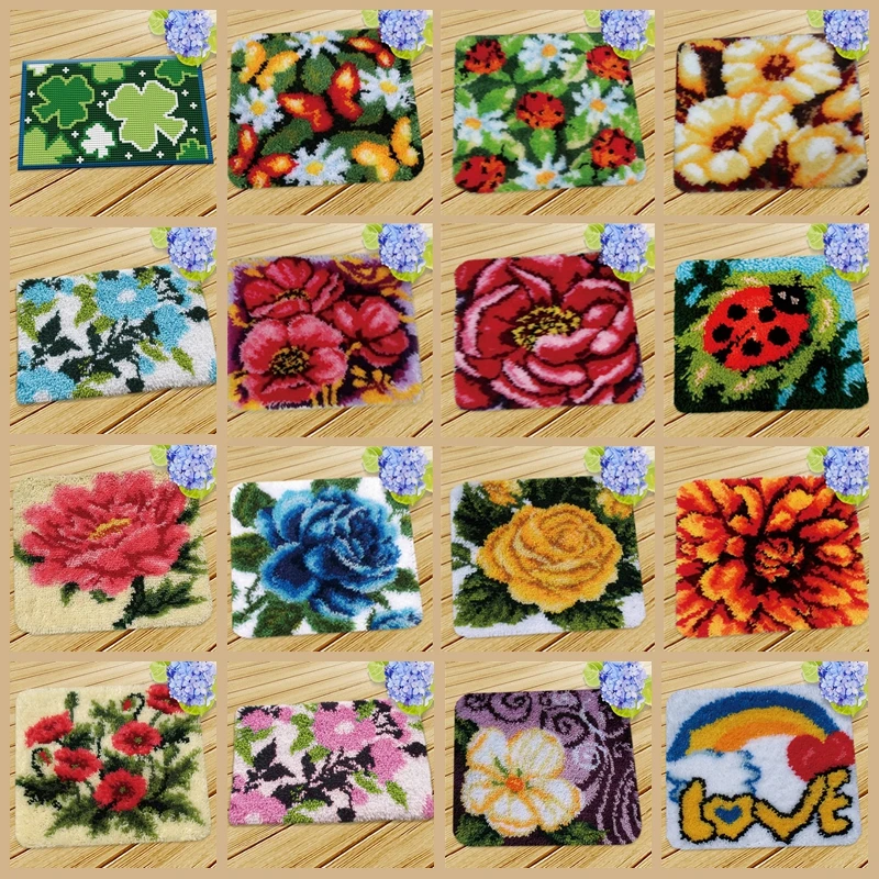 

Smyrna Flower Latch Hook Kit Mats Cushion Carpet DIY Crafts Flower Cushion Embroidery Latch Hook Rug Needlework Button Packages