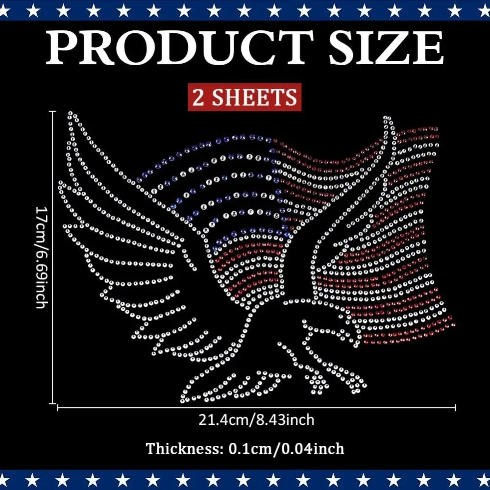 2 حزمة العلم النسر حجر الراين الحديد على الإصلاح نقل ملصق مائي بلينغ بقع المشارب واضح أحمر أزرق بريق الحديد على زين #2