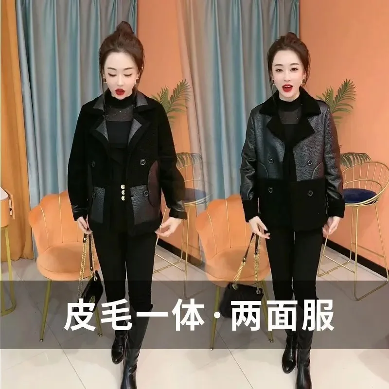 Women Fur One-piece Outwear Winter Female Integrated Fur And Leather Coat 2024 Lady Large Size 5XL Bow Wear On Both Side Jacket