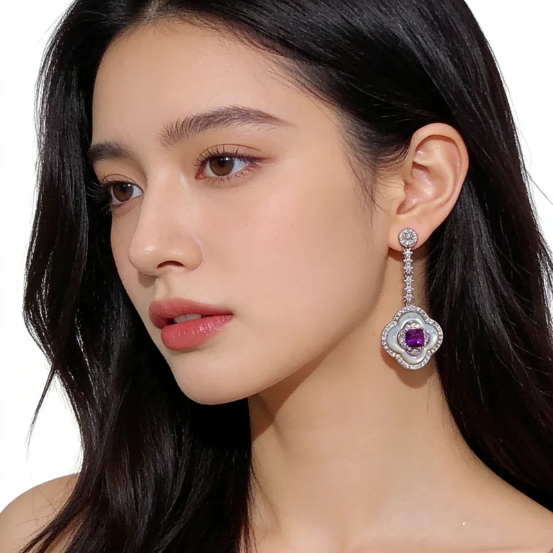 Luxury Clover Natural Amethyst 4mm Cushion Drop Earrings 925 Silver with Mother of Pearl & CZ Dangle Earrings for Women