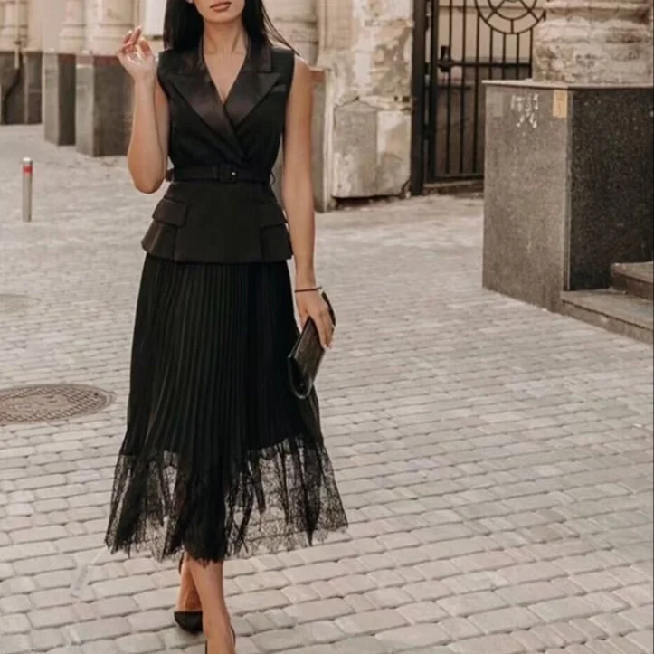 

Women's fake two-piece patchwork dress sleeveless fashion midi dress