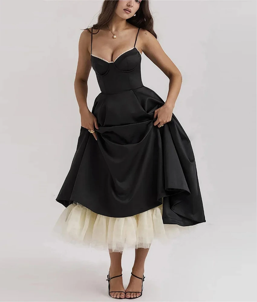 

Customized Sexy Satin A-Line Spaghetti Straps Tiered Evening Dress High Quality Sweetheart Sleeveless Floor Length Party Gowns