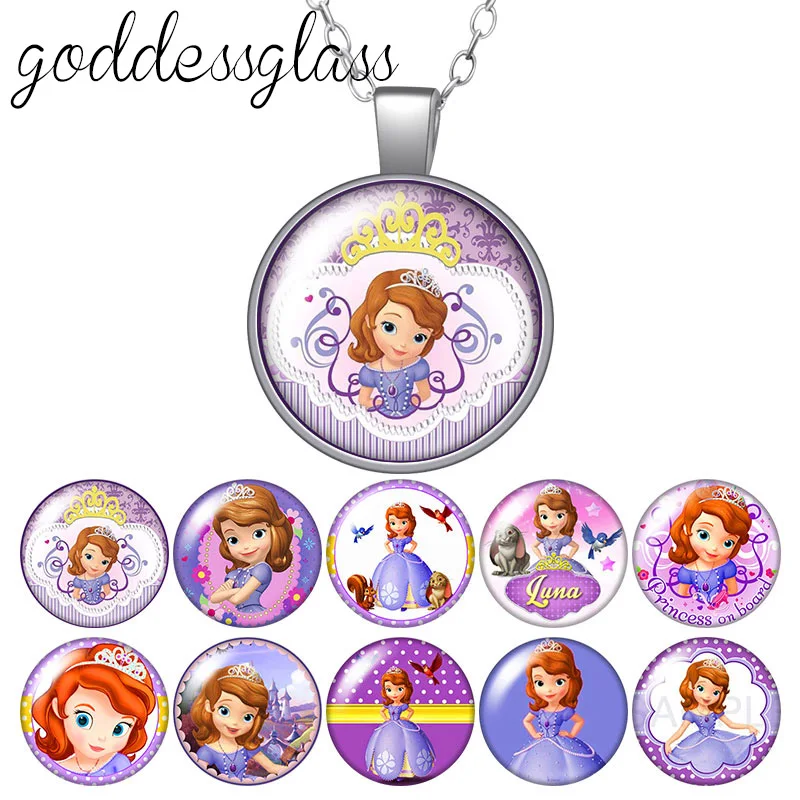 Disney Princess Sofia Girls Gift Purple dress Round Photo Glass cabochon silver plated pendant necklace jewelry Gift