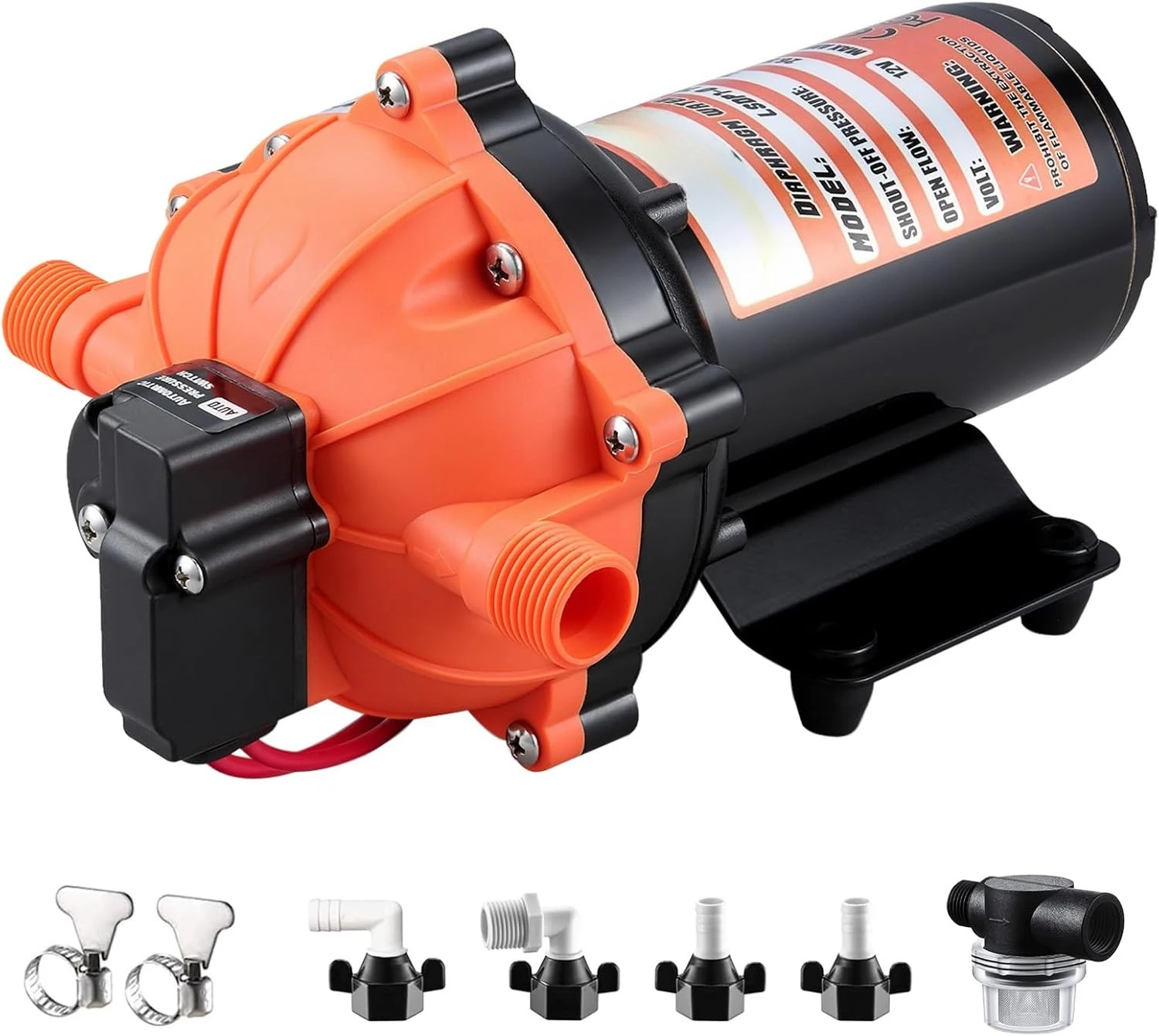 12V DC RV Fresh Water Pump, 7.0GPM 75PSI, Five Chamber Self-Priming Diaphragm Pump,with Heavy-Duty Pressure Switch and Filter