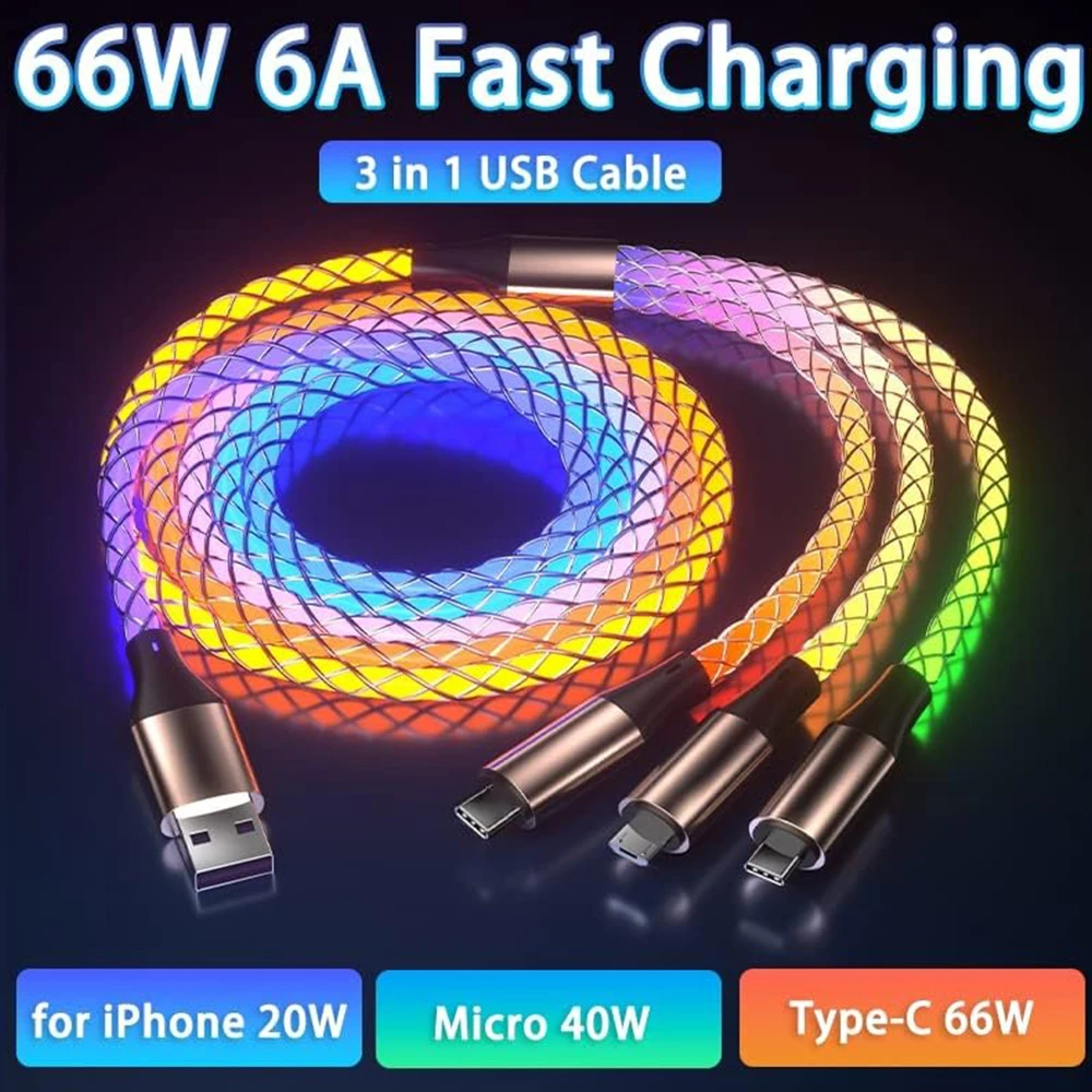 

3 in 1 Multi LED Charging Cable, Light Up Phone Charger Cord with iPhone/Type-C/Micro USB Fast Charging Cable