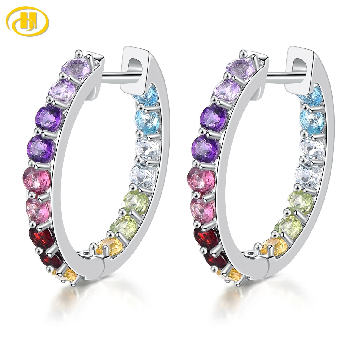 

Natural Multicolor Gemstones Solid Sterling Silver Hoop Earring 2.5 Carats Rainbow Color Fine Jewelrys S925 Rhodium Plated