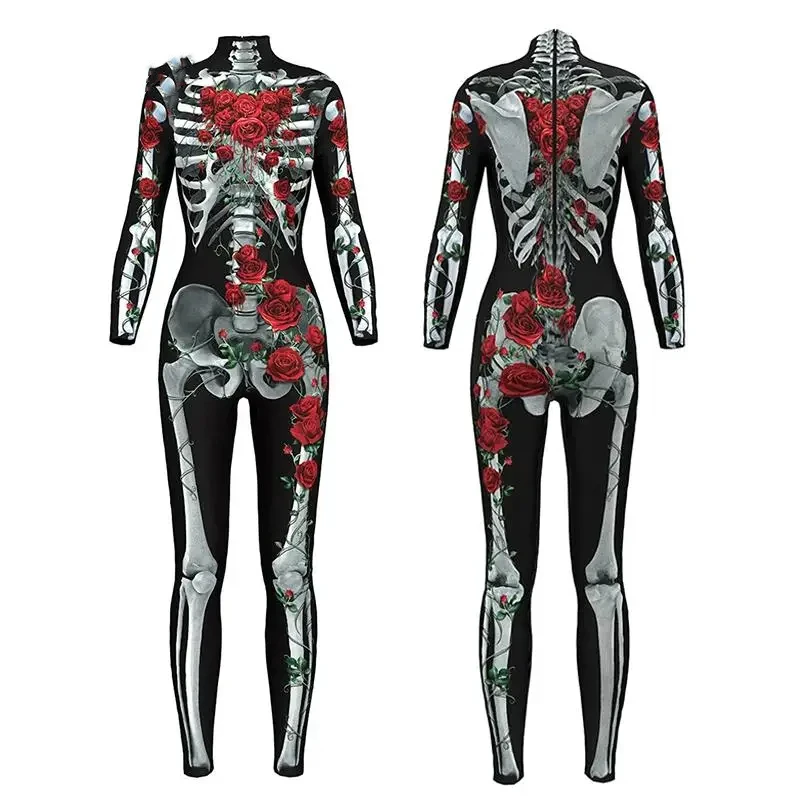 

Halloween White Aesthetic Human Skull Rose Print Long Sleeve Clothes Women's Purim Carnival Bodysuit Jumpsuit Leotard Black Sets