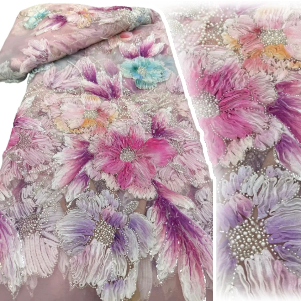 

Африканское 3D-кружево из красного тюля 2026: Высококачественная роскошная французская ткань с ручной вышивкой бисером и пайетками для свадебных платьев 2162