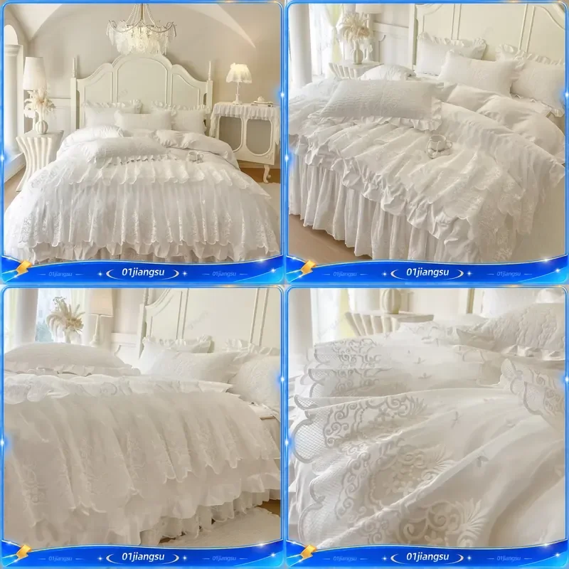 4 6 Pcs Princess Wedding Bedding Set 600TC Egyptian Cotton Double Layer Lace Ruffles Duvet Cover Bed Skirt Bedspread