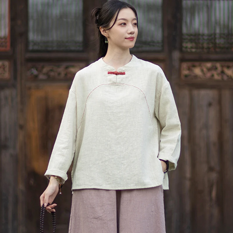 عالية الجودة القطن تي شيرت كتان المرأة الجديدة 2025 الخريف النمط الصيني خمر الوقوف طوق الإناث بلايز عادية قمصان M2021
