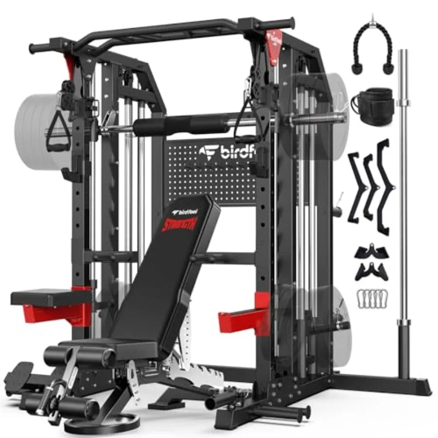 Home Gym Power Cage with Smith Machine 2000LB Ccity Steel Frame Black Color Multi-Function Squat Rack with Lat Pulldown Dual Pu