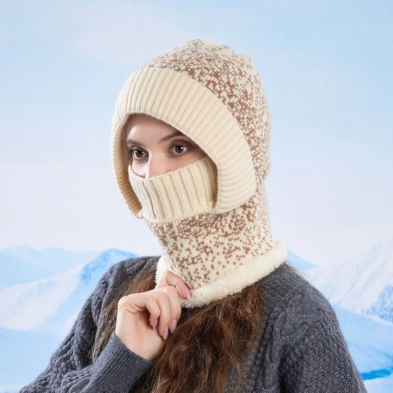 Women's 3-in-1 Fleece Lined Balaclava Winter Knit Hood with Face Mask Ear Flaps for Outdoor Cold Weather Cycling and Skiing