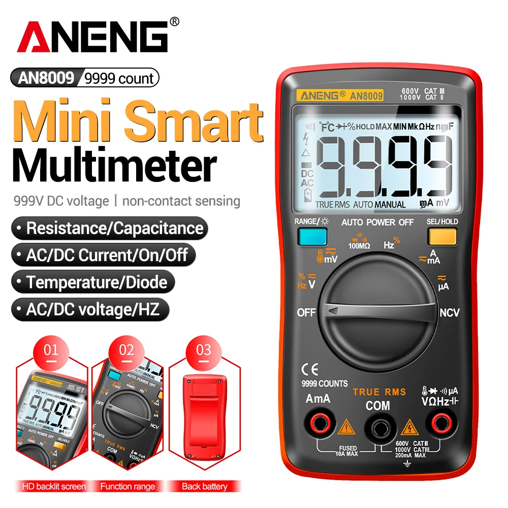 

Мини-цифровой мультиметр ANENG AN8009 True RMS, тестер транзисторов, автомобильный тестер конденсаторов с автоматическим выбором диапазона, измеритель температуры и диодов