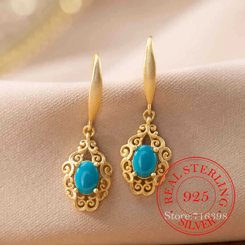 

925 Sterling Silver Jewelry 18K Gold Plated Natural Turquoise Hollow Pattern Drop Earrings for Women Wedding Party Jewelry Gift