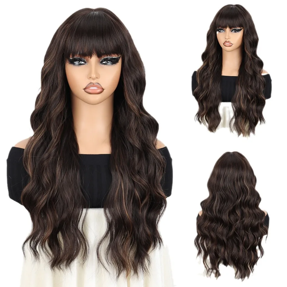 

Европейский и американский модный парик, женский темно-коричневый парик с мелированием Ци, челка, длинный парик из химического волокна с большой волной