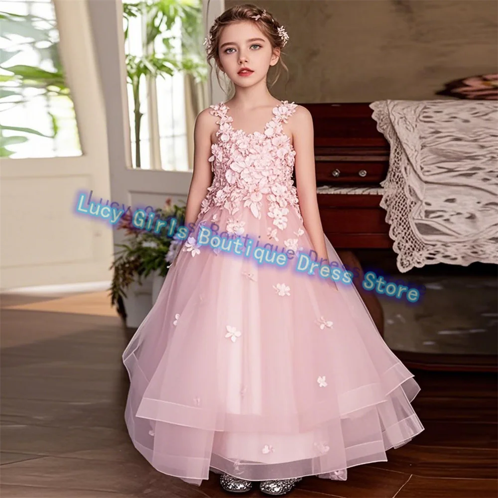

Lovely Flower Girl Dress White Tulle Fluffy With Exquisite Lace Applique Bow Belt Little Princess Birthday Party Evening Gowns