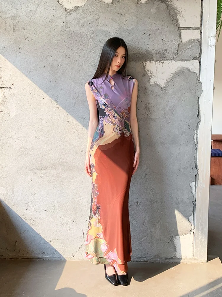 

Tee-Color New Chinese Sle Two-Way Wear Colion Color Improved Dr Women's Print Wrap Fi Tail Svel V...