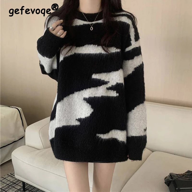 

Women Trendy Casual Streetwear Oversized Harajuku Knitted Sweater 2023 Autumn Winter O Neck Long Sleeve Pullover Tops Y2K Jumper