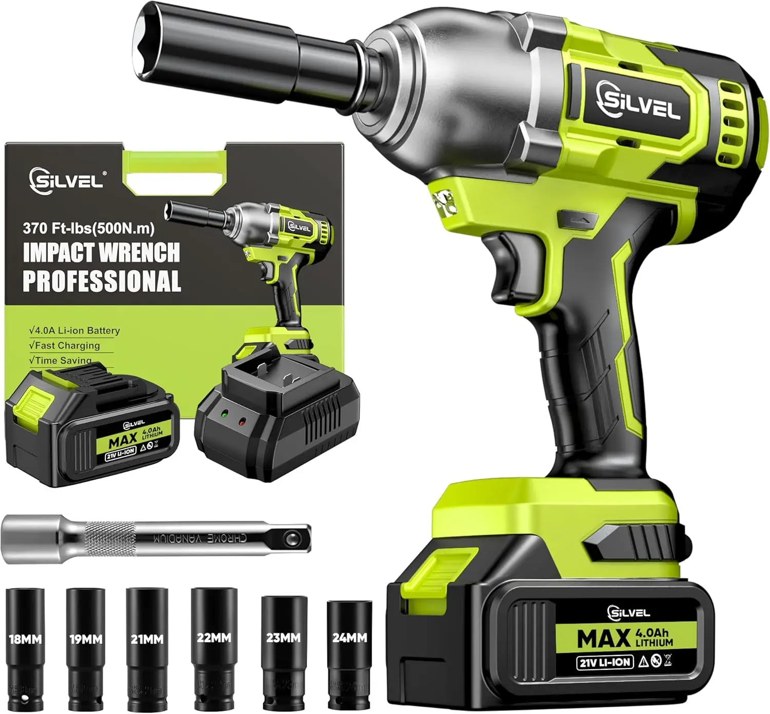 

Cordless Impact Wrench, MAX 500N.M Brushless Impact Gun 1/2 inch, 4.0Ah Battery, 6 Sockets, 3200RPM Impact Driver wih Fast Charg