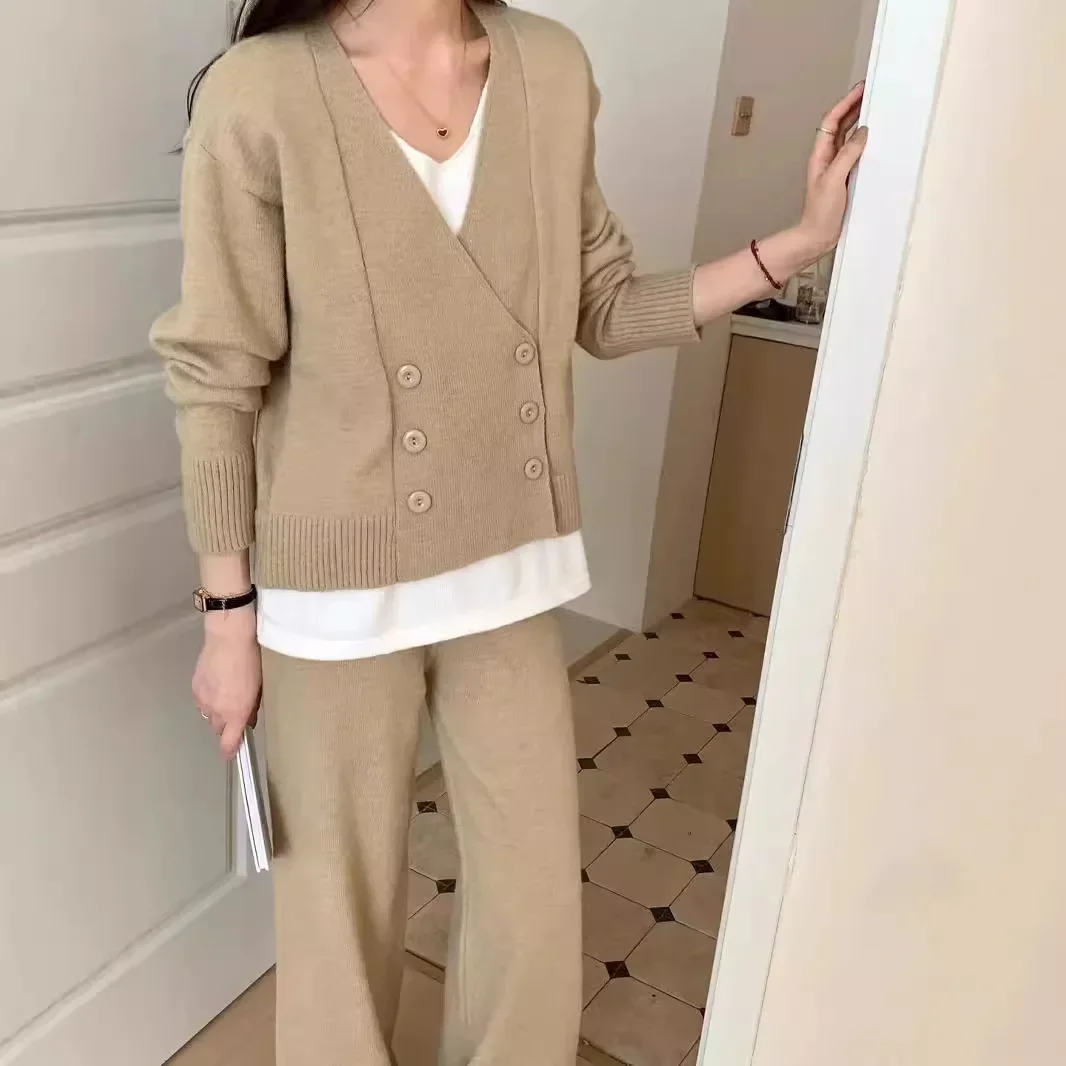 SuperAen Autumn and Winter New Women Korean Style Loose Knitting Sweater Fashion Casual Wide-leg Pants Two-piece Set