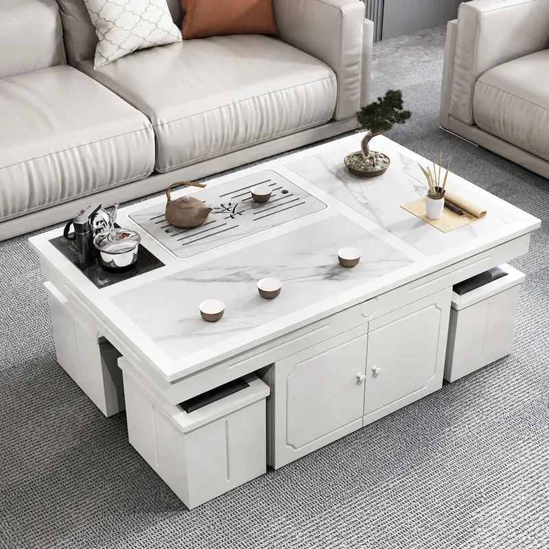 Kung Fu Tea Table Set with Four Stools Rock Slab Coffee Table for Living Room Office Chinese Style Tea Drinking Furniture
