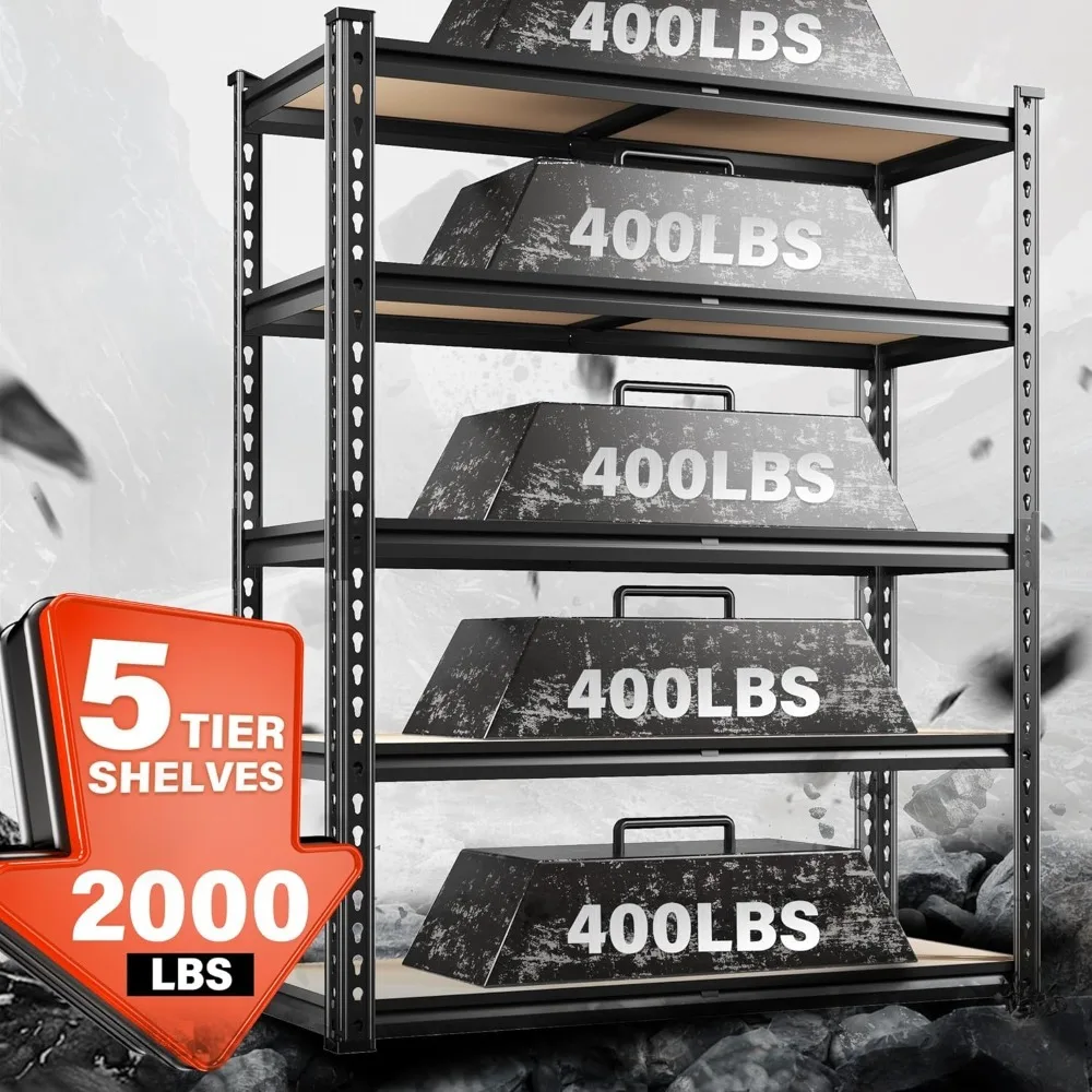 نسخة مطورة - رفوف جراج مقاس 72 بوصة، أرفف تخزين شديدة التحمل 2000 رطل، وحدة رفوف معدنية مكونة من 5 طبقات، تخزين جراج قابل للتعديل