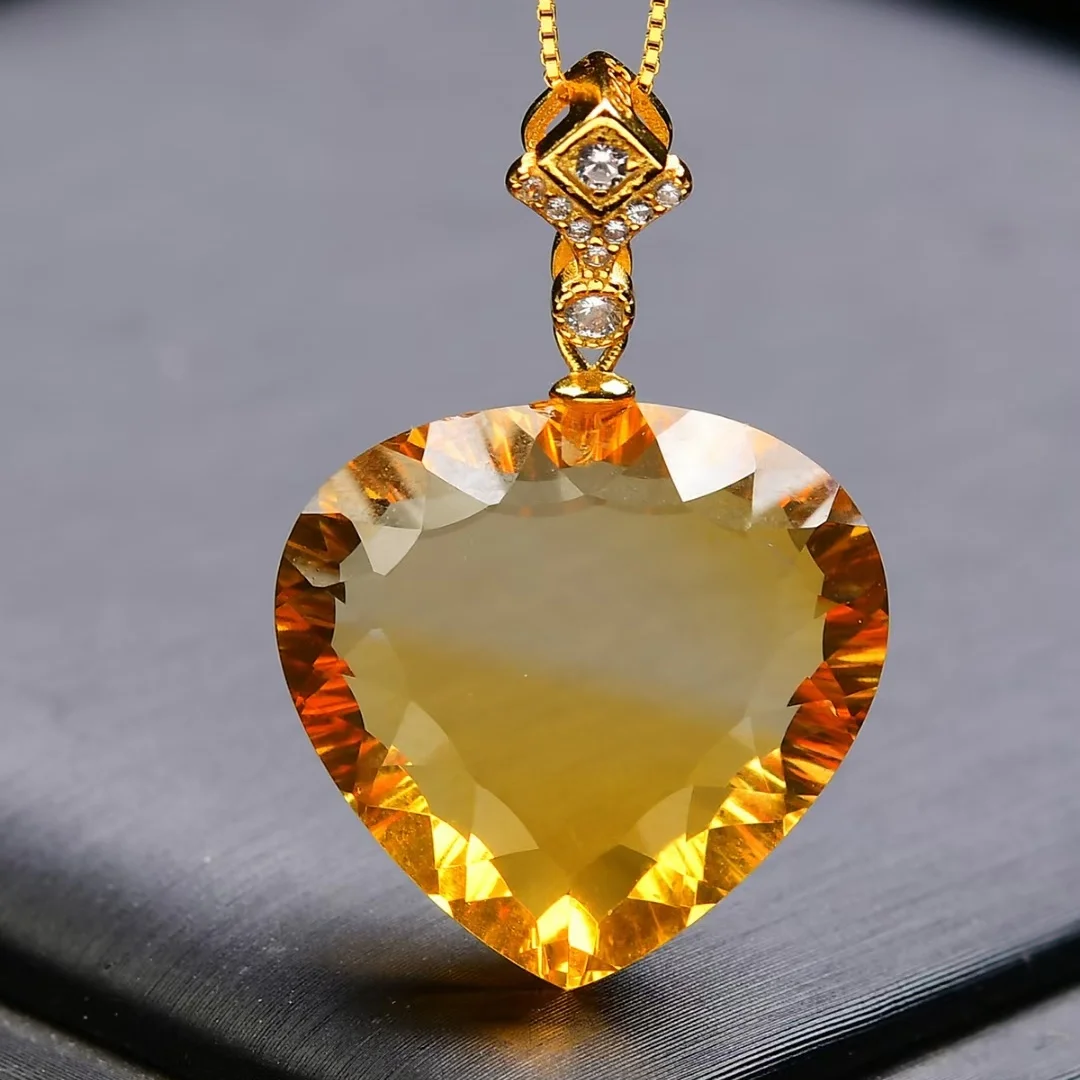 

Natural Yellow Citrine Quartz Pendant Heart Faceted Brazil Jewelry 20*19*6mm Women Citrine Beads Necklace AAAAA