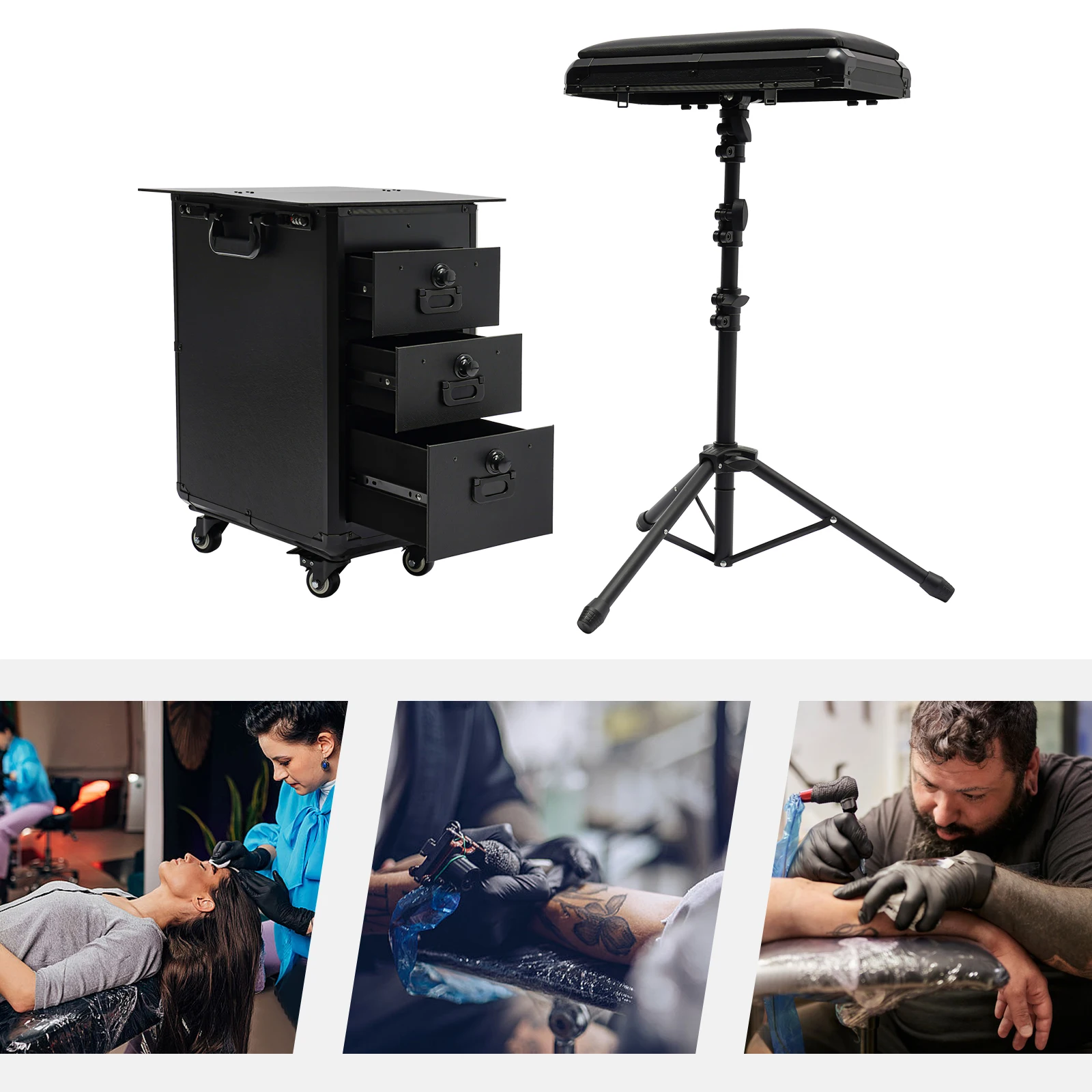 Professional Rolling Makeup Case with 3 Drawers Acrylic Top Removable Tripod Stand with 4 Universal Wheels for Makeup Artist