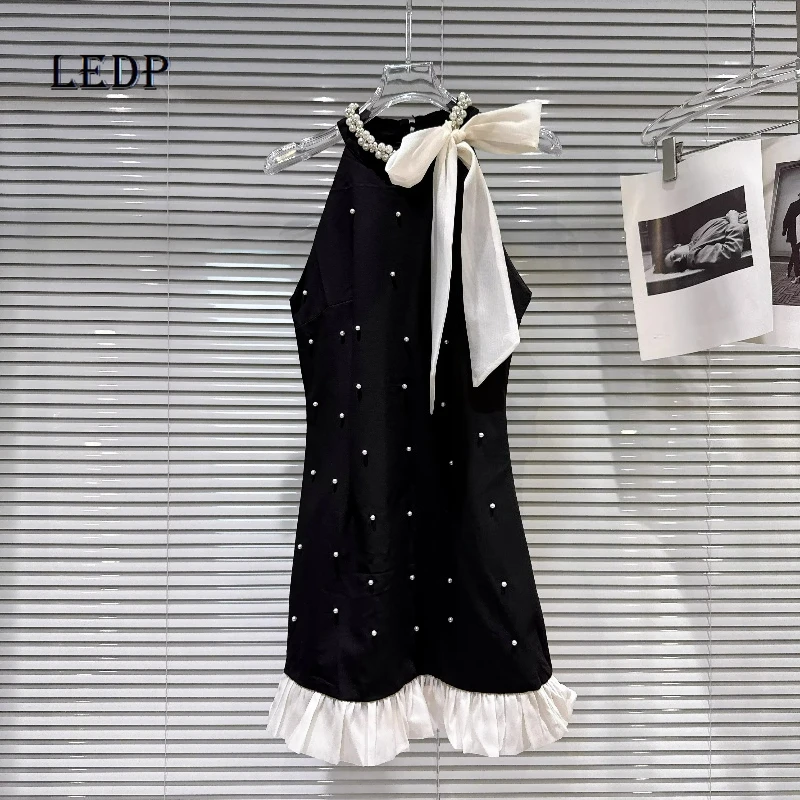 

2026 Summer New Women's Clothing French Design Black White Splicing Pearl Bead Edge Bow Lace-up Temperament Vest Dresses Ladies