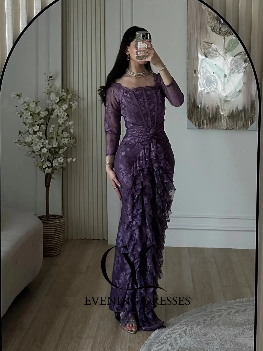CUYUN パープルレース サウジアラビア風イブニングドレス スクエアカラー 長袖 フリル付き シースドレス パーティードレス フォーマルイベント用 カスタムメイドドレス