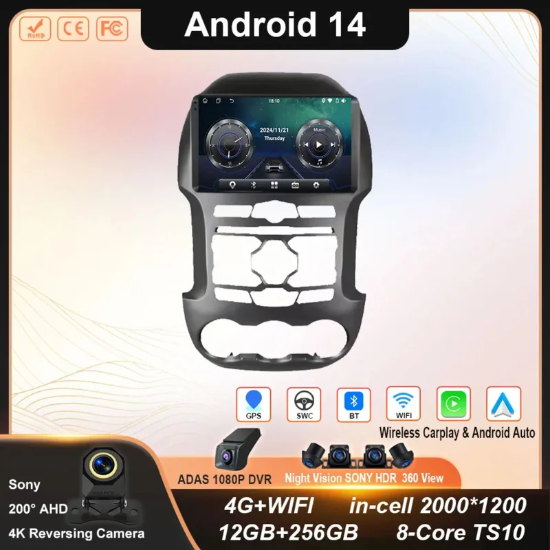 

Car Android 14 For Ford Ranger 3 2011 - 2015 Stereo Multimedia Player GPS Navigation Carplay 5G wifi BT QLED Screen No 2din DVD