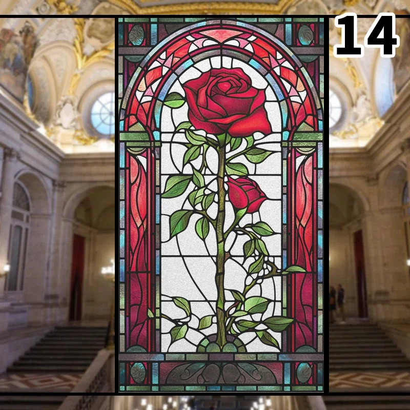 Colorful 3D Rose Design Stained Glass Window Privacy Film Static Cling Decals for Home Office Wedding Background Decor