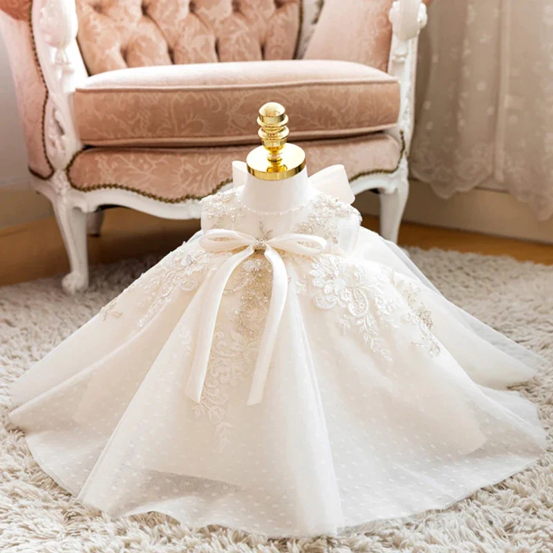 baby lace Sleeveless birthday  High-end 1 year White baptism dress girl costume Girls dress princess dress 1-10yrs wear