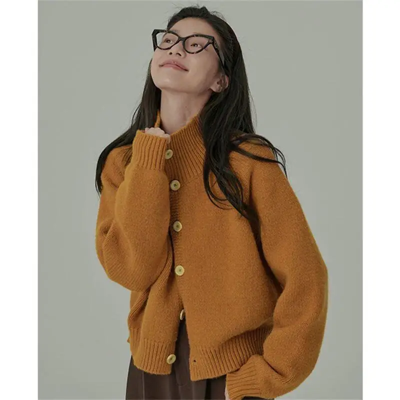 

Свободный кардиган с воротником-стойкой, вязаный свитер, женский пуловер, трикотаж, однобортный повседневный топ в стиле ретро для девочек, осень-зима