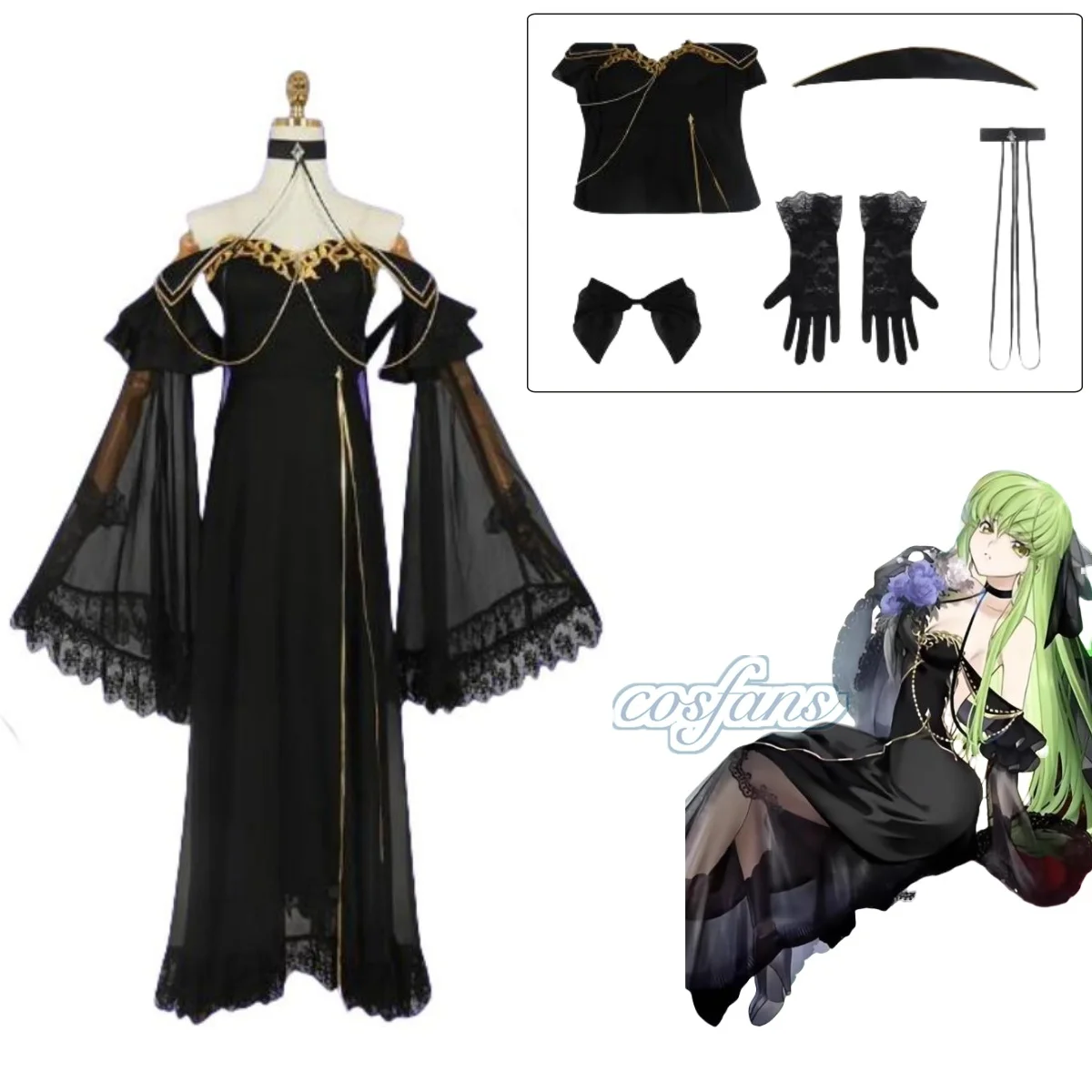 

Code Geass Queen CC Cosplay Costume Wig Black Lace Long Dress Sexy Outfit Woman Costume Anime Halloween Carnival Role-play Suit