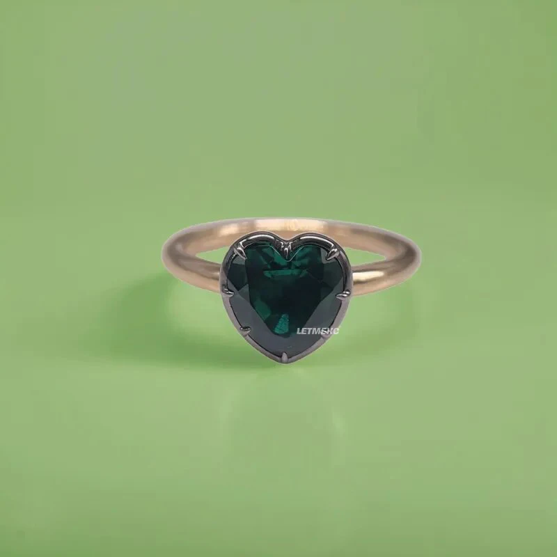 

LETMEXC 14K Gold Lab Grown Emerald Heart Gemstone DiamondGypsy Style Black Ring
