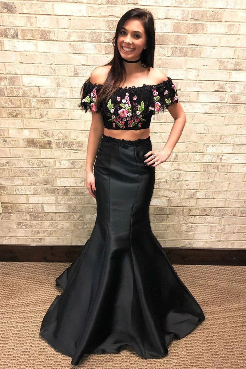 Mermaid Two Pieces Prom Dresses With Short Sleeves Off Shoulder Elegant Black Wedding Party Dress For Women 2024 Evening Gown