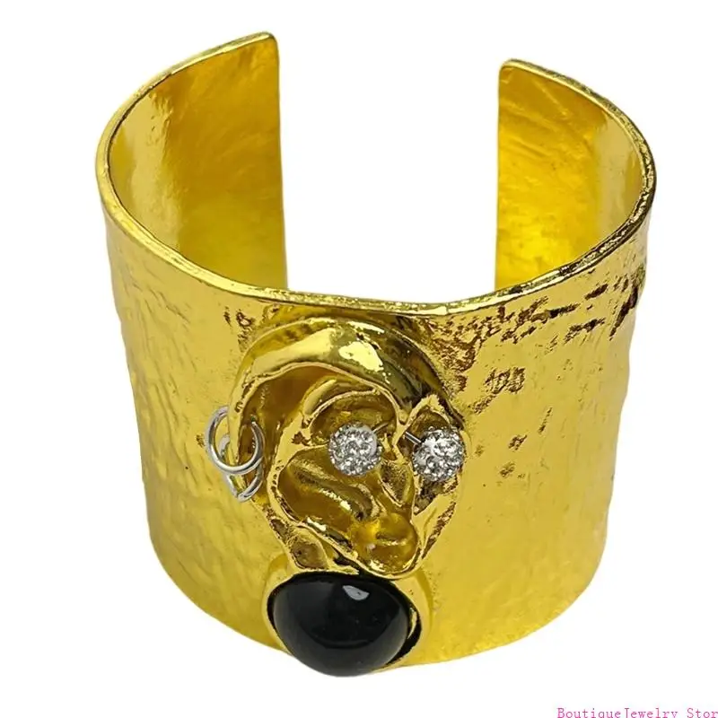 E1PE Trendy 3D Face Sculpture Wide Bracelet Contemporary Wristband Jewelry Piece