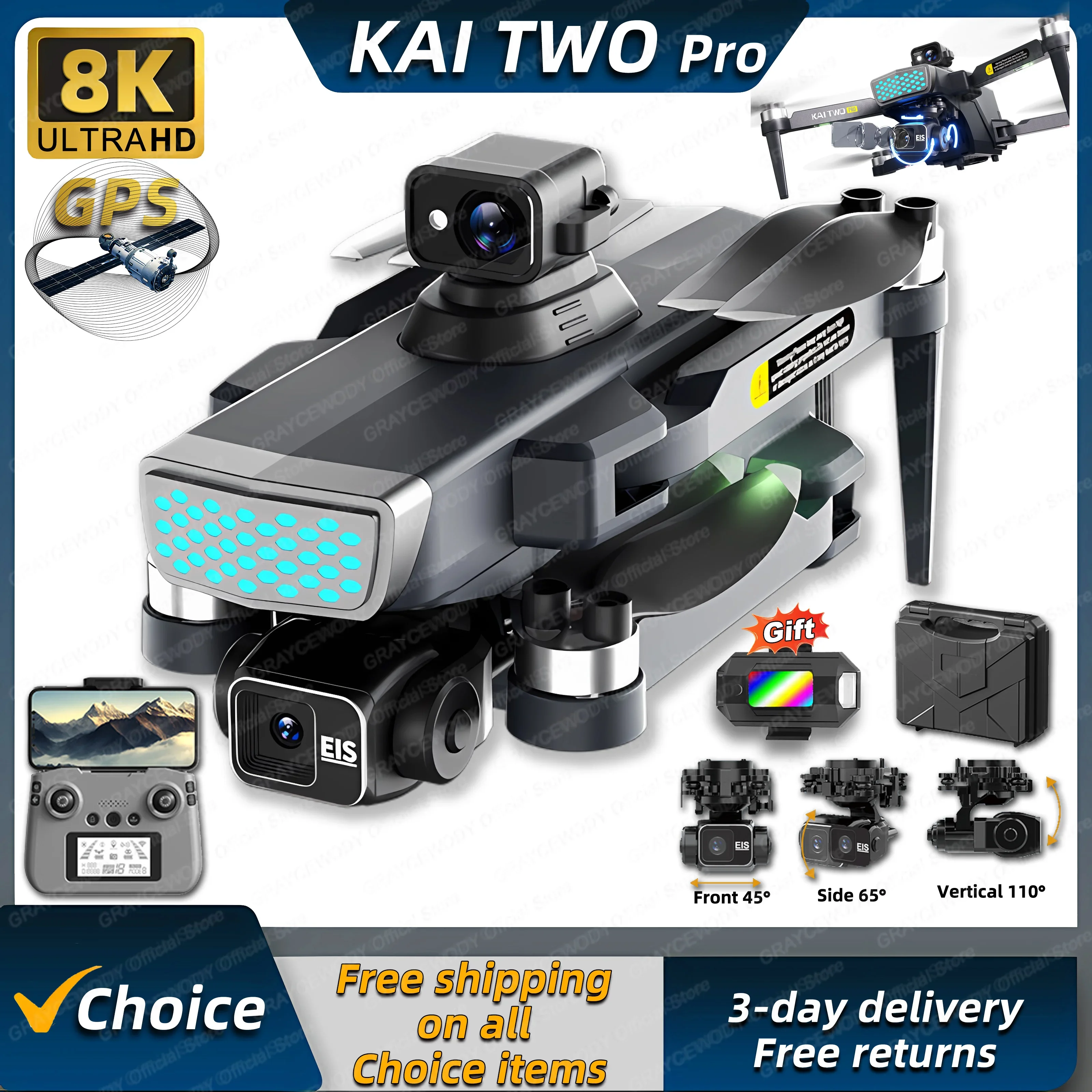 Drone GPS KAI TWO Pro, caméra HD 8K, cardan 3 axes, professionnel, anti-tremblement, photographie, sans balais, pliable, quadrirotor, LED, nouveau, 2024