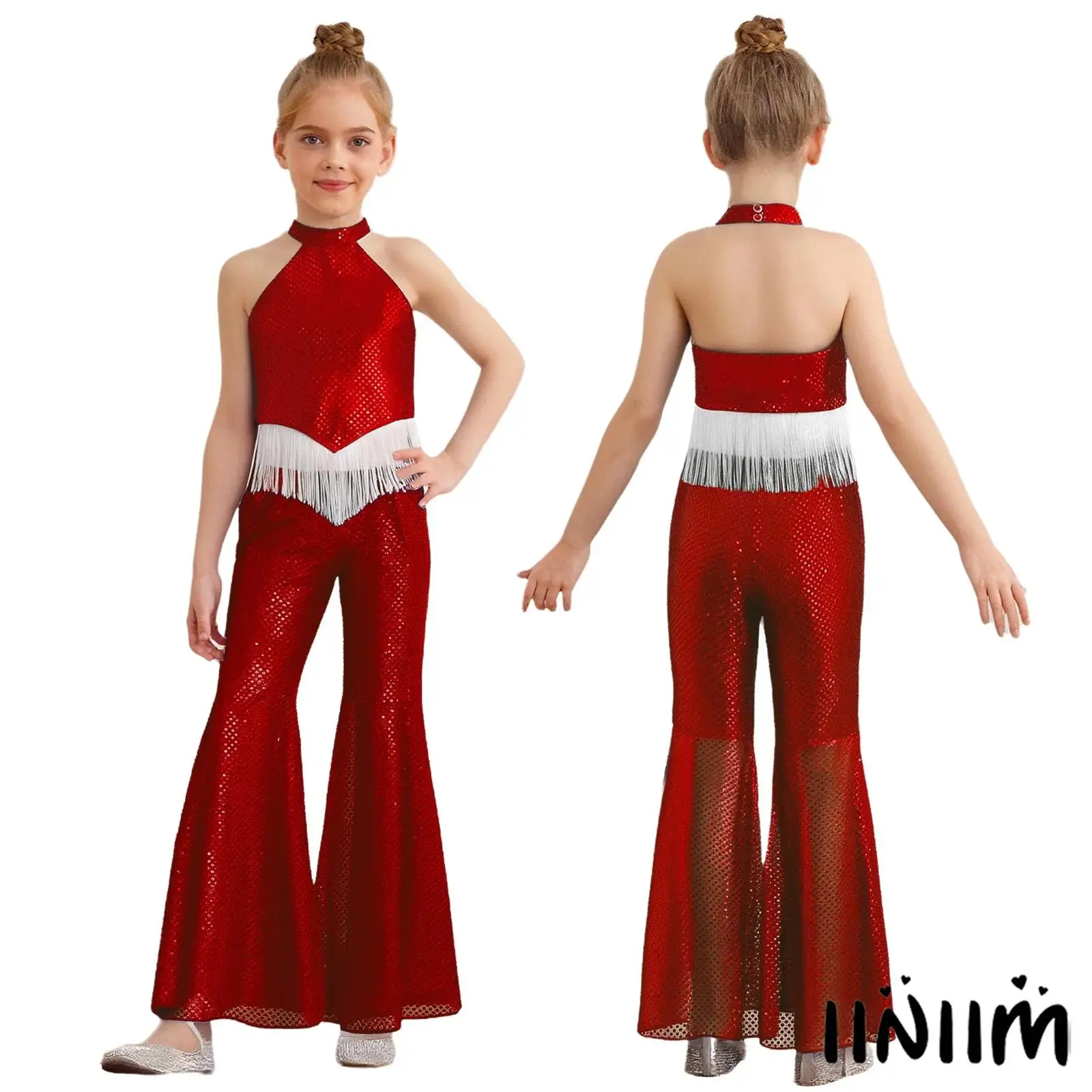 

Одежда для джазового балета для девочек: блестящий топ без рукавов с пайетками и открытой спиной, с длинными брюками для выступлений на сцене