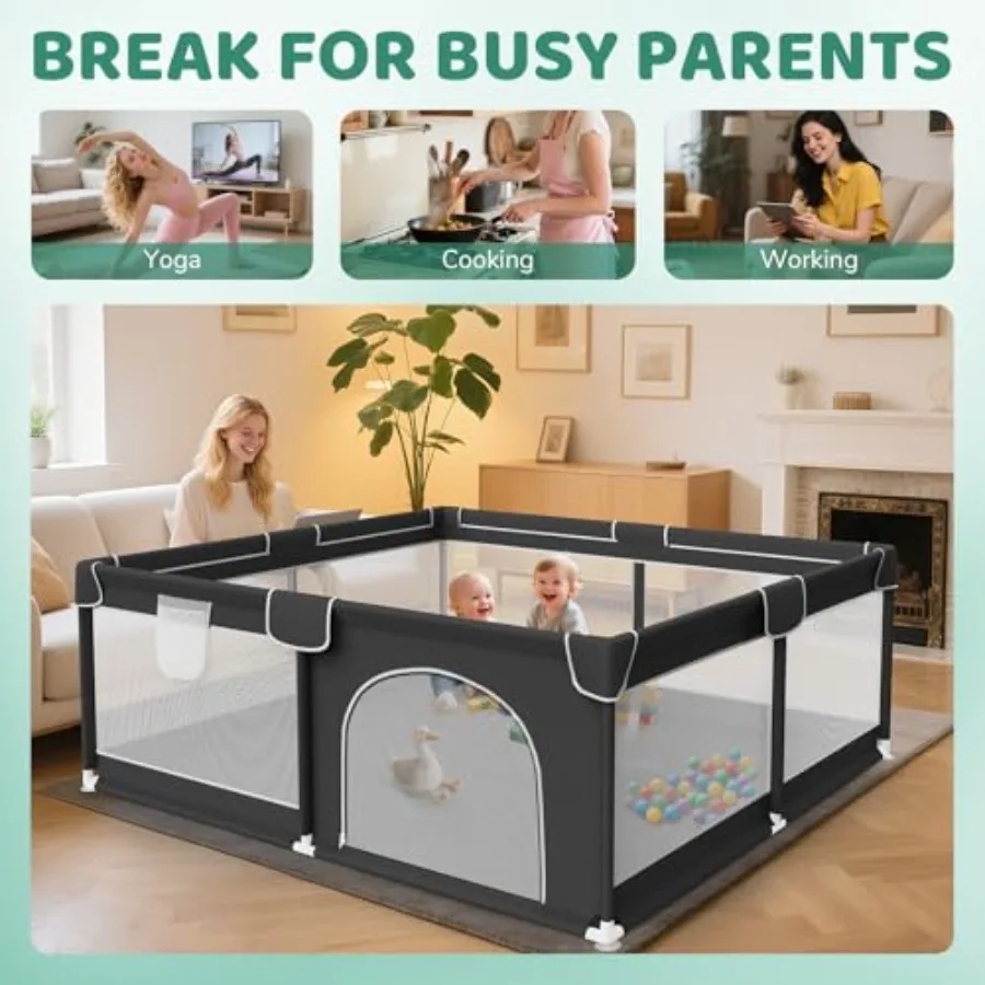 Kojec dla niemowląt i małych dzieci 71x59 cali - Bardzo duży kojec do zabawy dla dzieci do użytku wewnątrz i na zewnątrz z miękką, oddychającą siatką i zewnętrznym otwartym przegrodą.