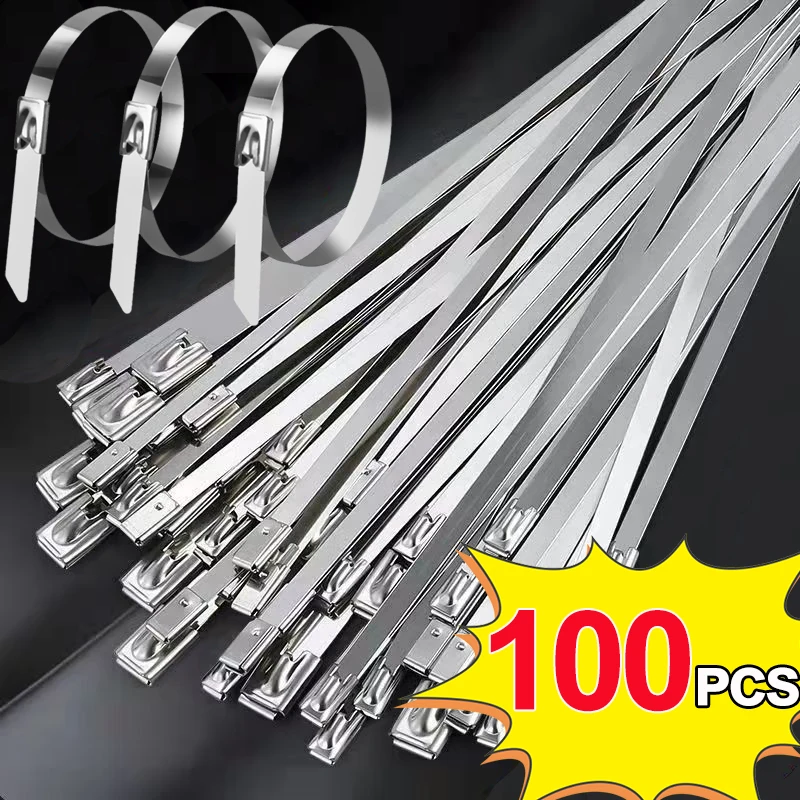 10/100pcs Metal Cable Ties Stainless Steel Self Locking Cable Zip Ties Heavy Duty Fastening Rings Organizer for Home Office