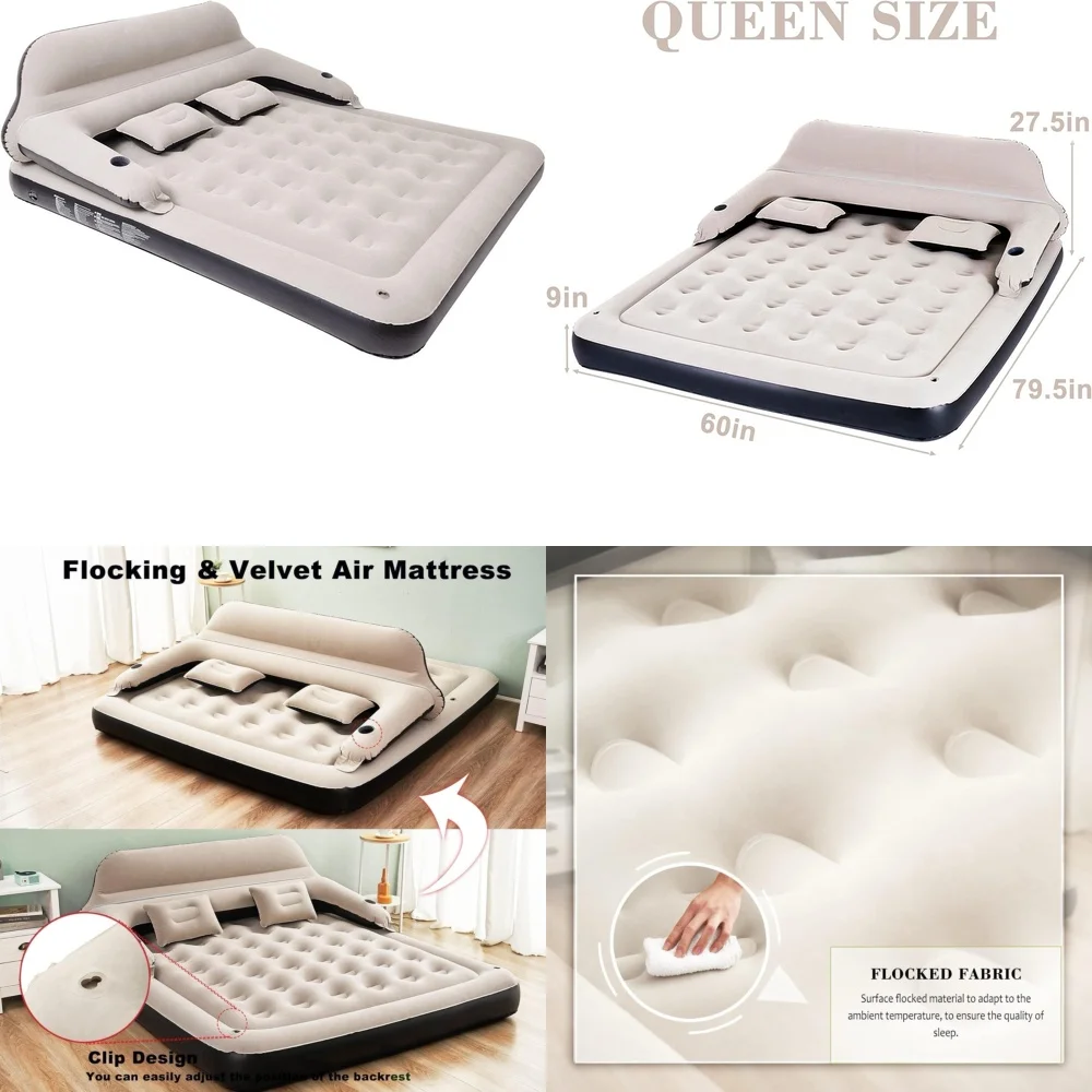 

MattressesQueen Size Inflatable Air Mattress with Built in Headboard and Pillows Comfortable Blow Up Bed for Guests and Camping