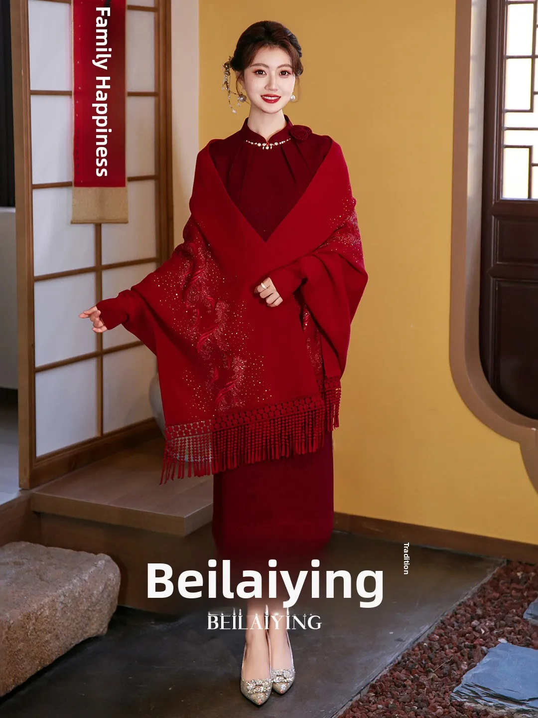 

Ele Red oulder awl with Sves Fine Embroidery Tassel Wedding Banquet Mom of the Bride Autumn Winter Outerwear