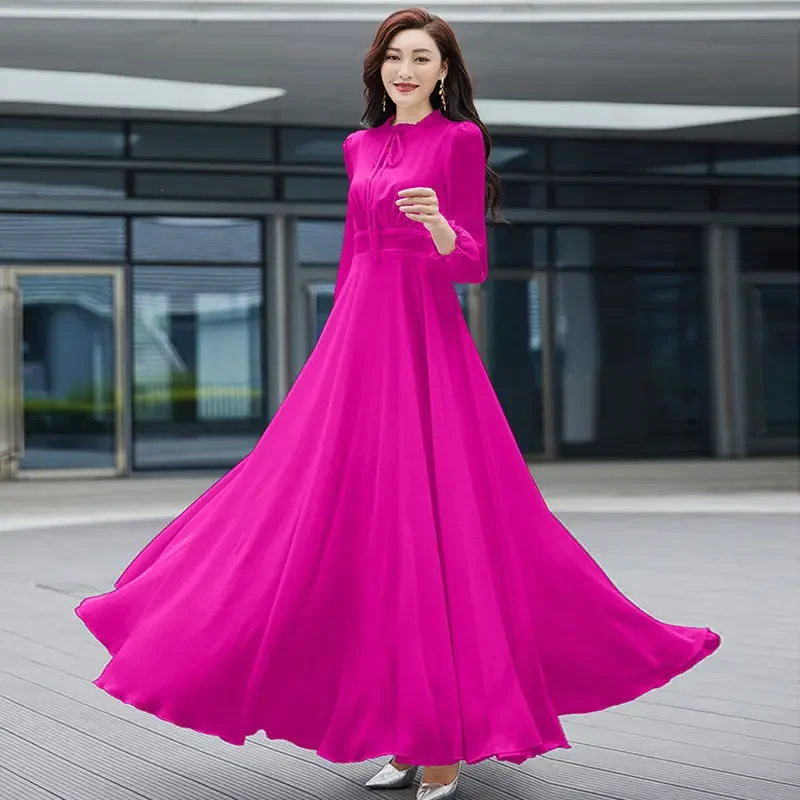 Elegant Casual O-neck Long Sleeve White Slender Dresses Spring Fashion Belt Empire Chiffon Solid Color Women's Clothing L132