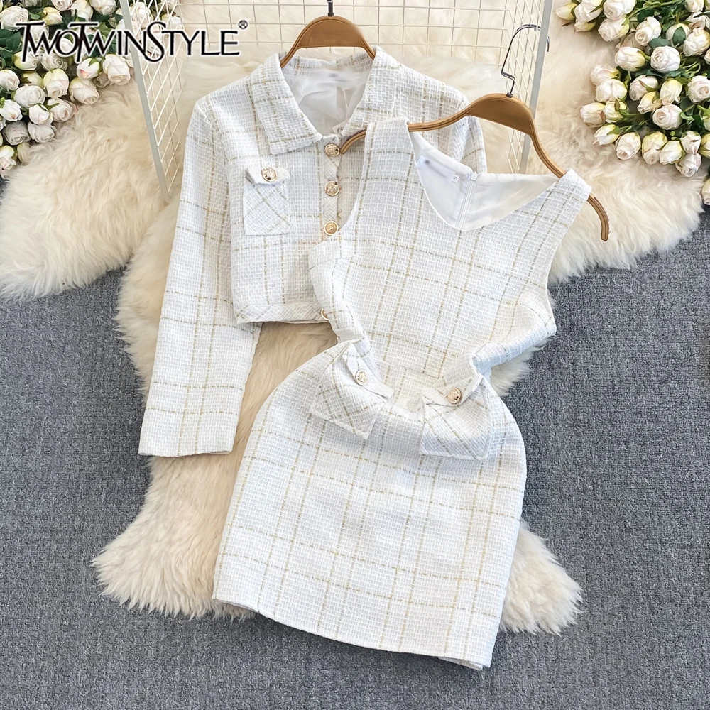 

TWOTWINSTYLE Elegant Grid Two Piece Sets For Women Lapel Long Sleeve Coat V Neck Sleeveless Dress Casual Set Female KSE542103